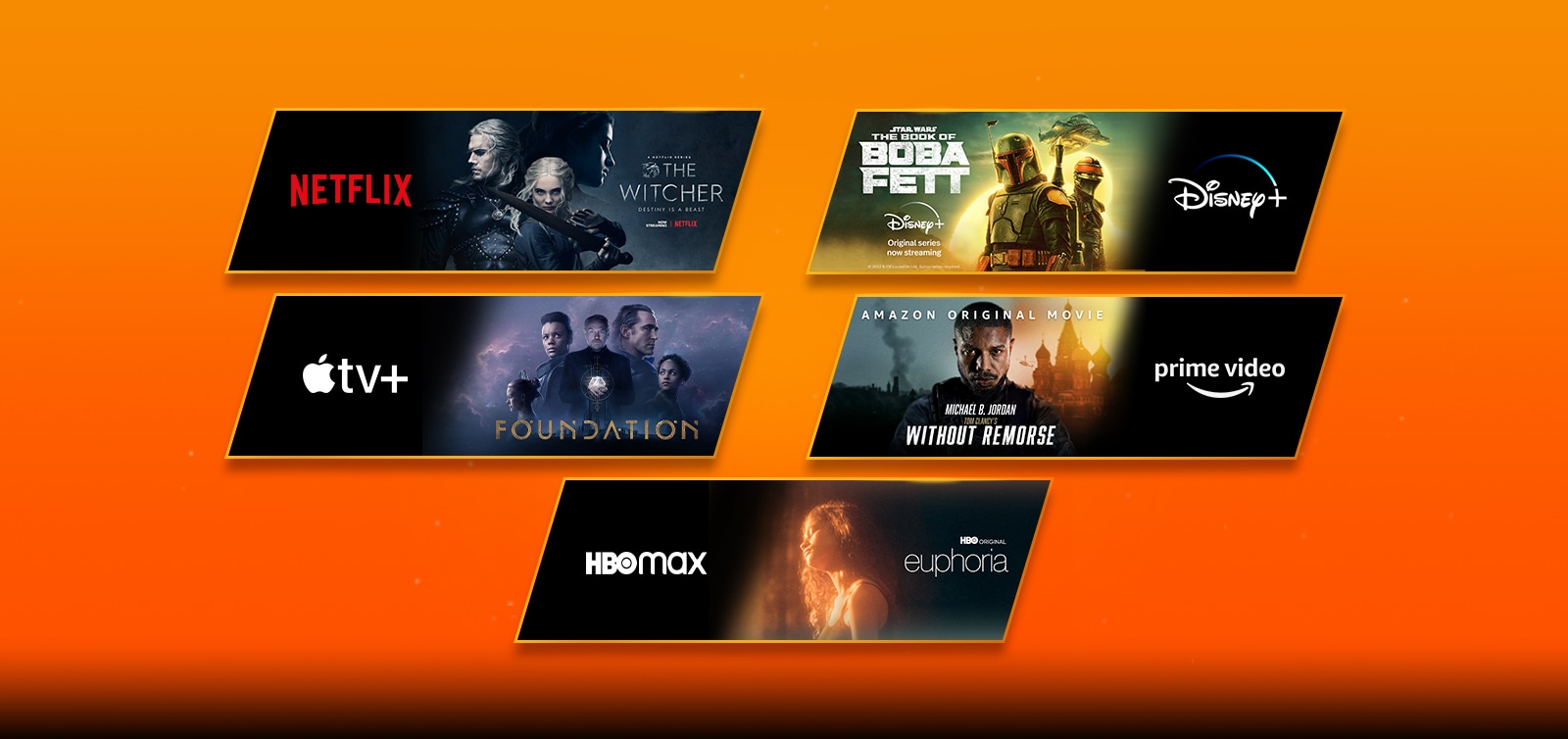 Pet je blokova slika – svaki s logotipom platforme za streaming i slikom snimke. Logotip za Netflix sa serijom Vještac, logotip za Disney plus sa serijom Boba Fett, logotip za Apple TV plus sa serijom Foundation, logotip za Prime Video sa serijom Without Remorse te logotip za HBO Max sa serijom Euforija.