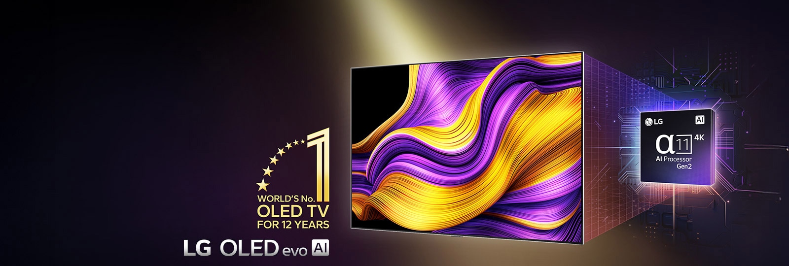 Na zaslonu televizora LG OLED TV prikazano je šareno apstraktno umjetničko djelo, a iza njega istaknut je procesor alpha 11 AI Processor Gen2. Jarka svjetla izbijaju iz procesora i televizora pokazujući njegovu naprednu tehnologiju. U uglu je prikazan amblem „Najbolji OLED TV na svijetu već 12 godina”. 