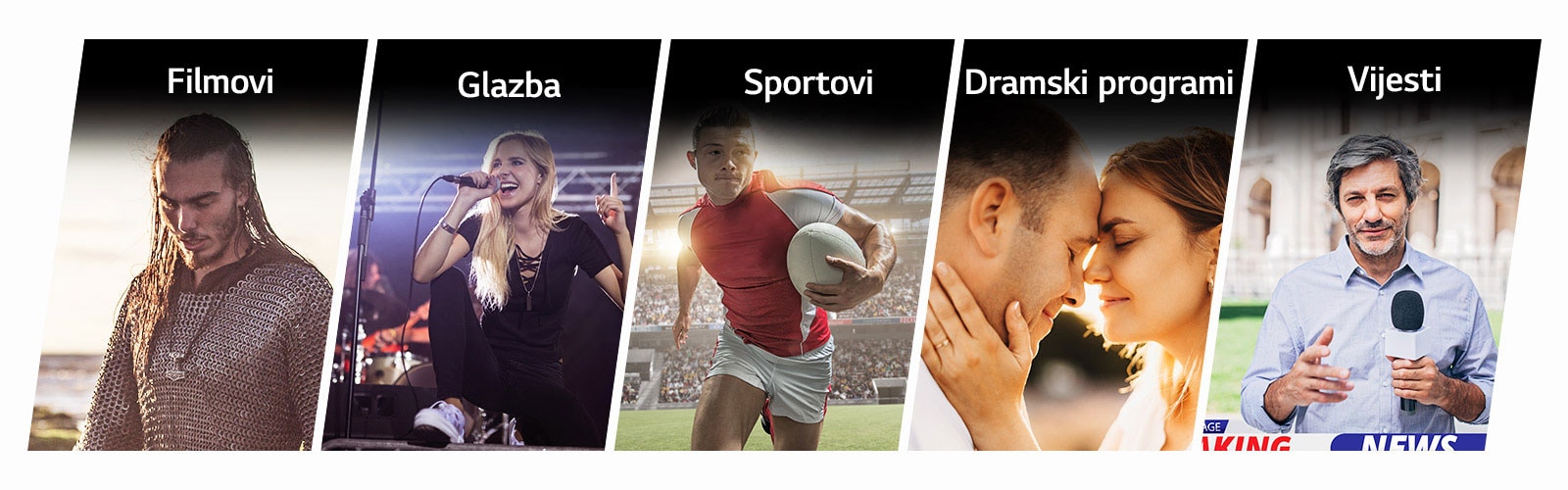 Pet vertikalnih naslovnih kartica za filmove, glazbu, sportove, dramske programe i vijesti