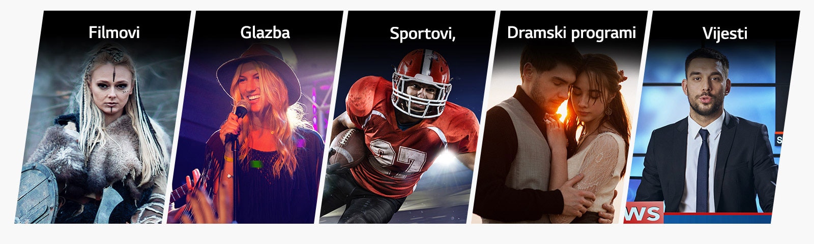 Pet vertikalnih naslovnih kartica za filmove, glazbu, sportove, dramske programe i vijesti