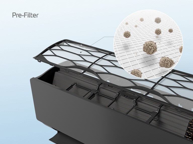 Na slici se prikazuje pročišćivač zraka, a na vrhu se nalazi predfiltar. U uvećanom krugu pokazuje se gdje se čestice prašine hvataju u predfiltru. U gornjem lijevom kutu piše Predfiltar.