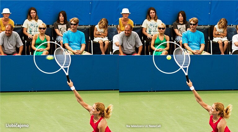 Žena igra tenis. Prizor se ponavlja, s lijeve se strane prikazuje na uobičajenom televizoru uz zamagljene pokrete, a desno se prikazuje na televizoru LG NanoCell uz oštre i jasne slike.
