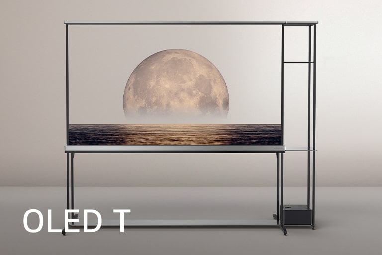 Televizor LG SIGNATURE OLED T nalazi se u predvorju prikazujući pozadinu na prozirnom zaslonu. 