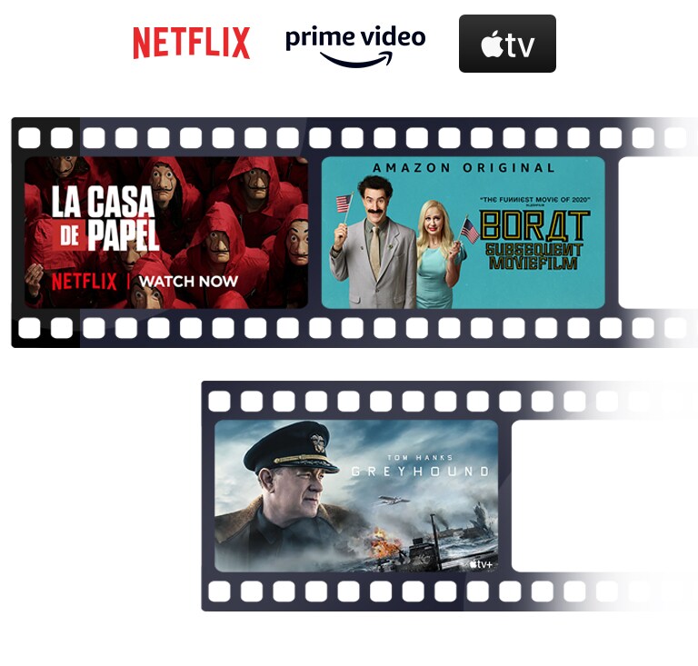 Logotip Netflix, Amazon Prime Video i Apple TV poredani su vodoravno. Ispod logotipa u vodoravnom su nizu poredani plakati za film Borat Subsequent Movie Film koji se prikazuje na platformi Amazon Original, seriju La Casa de Papel koja se prikazuje na platformi Netflix i film Greyhound koji se prikazuje na platformi Apple TV.