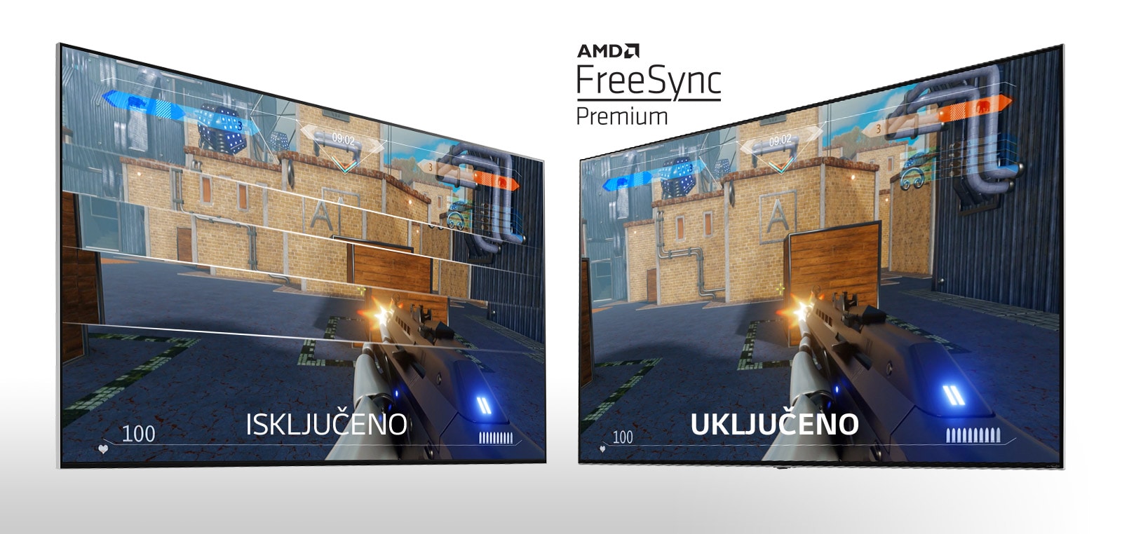 Dva televizijska zaslona jedan do drugog na kojima se prikazuje pucačka igra. Na lijevom je značajka FreeSync isključena, a na desnom je uključena.