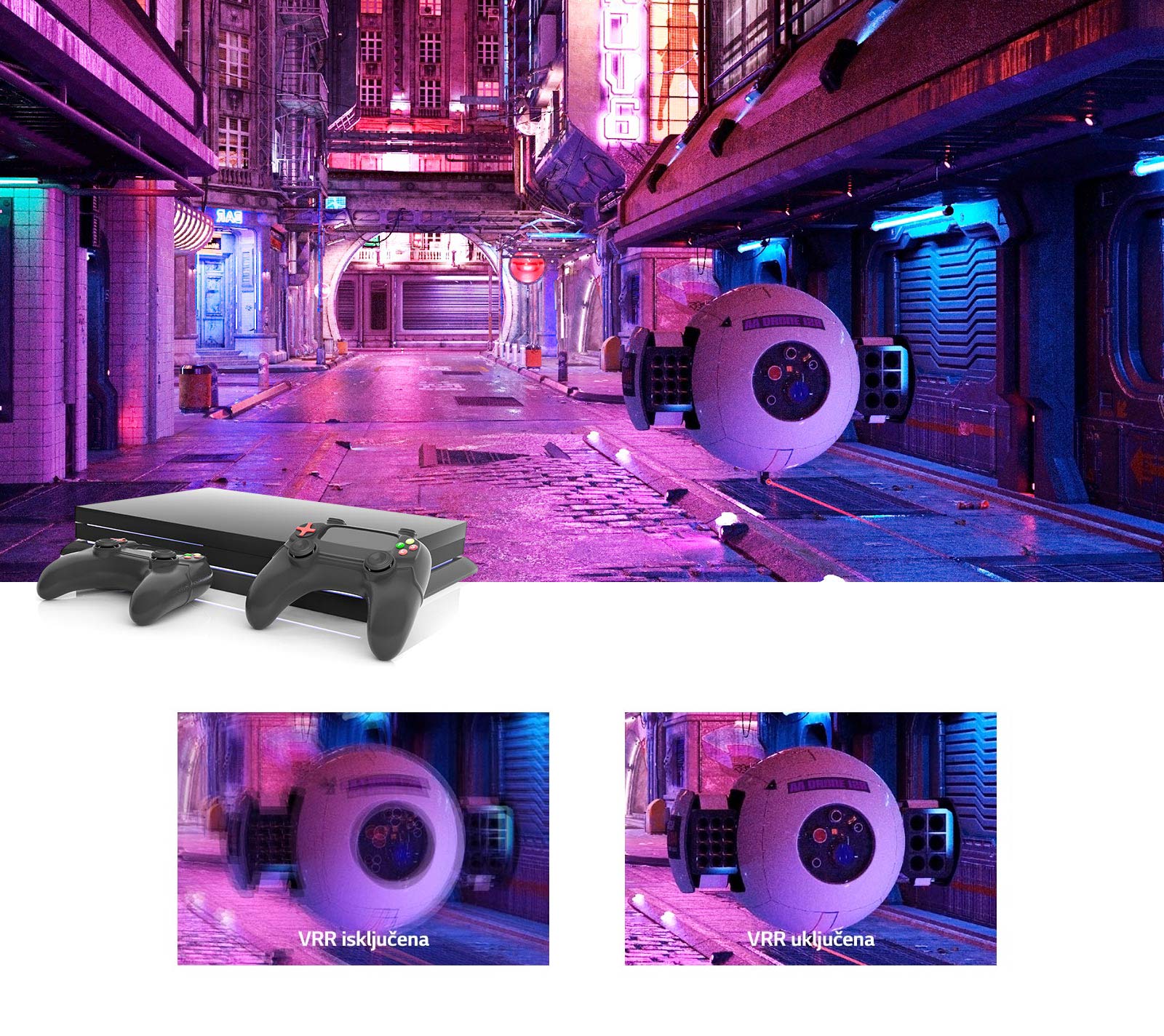 Ružičasto osvijetljena ulica s futurističkom robotskom opremom i igraćom konzolom na vrhu slike. Ispod su dva krupna prikaza robotske opreme, lijevi je prikaz zamućen i ukazuje na to da je VRR isključen, a desni je jasan i prikazuje sliku s VRR-om.
