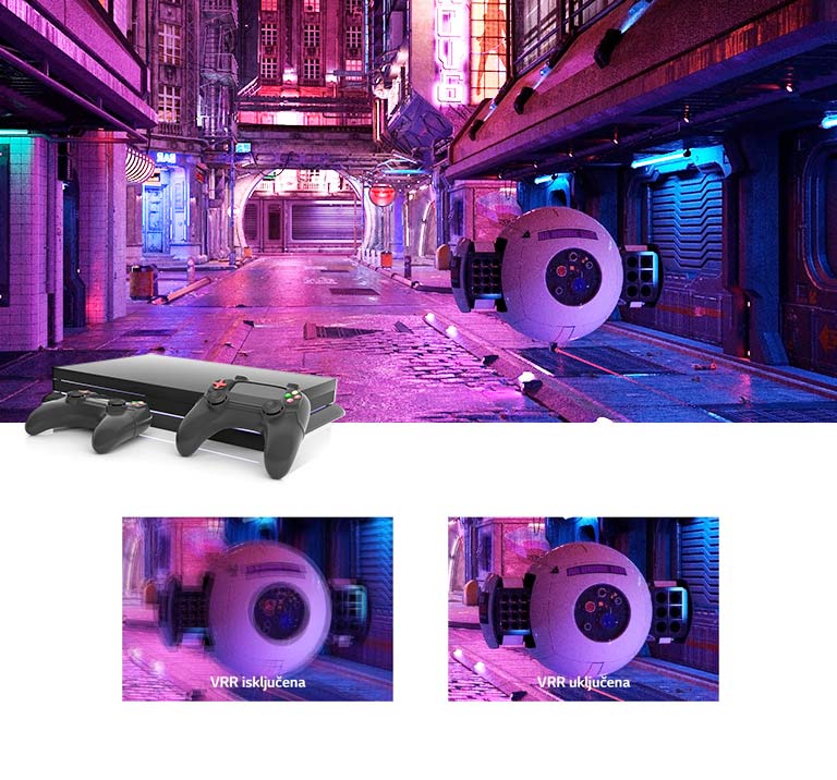 Ružičasto osvijetljena ulica s futurističkom robotskom opremom i igraćom konzolom na vrhu slike. Ispod su dva krupna prikaza robotske opreme, lijevi je prikaz zamućen i ukazuje na to da je VRR isključen, a desni je jasan i prikazuje sliku s VRR-om.