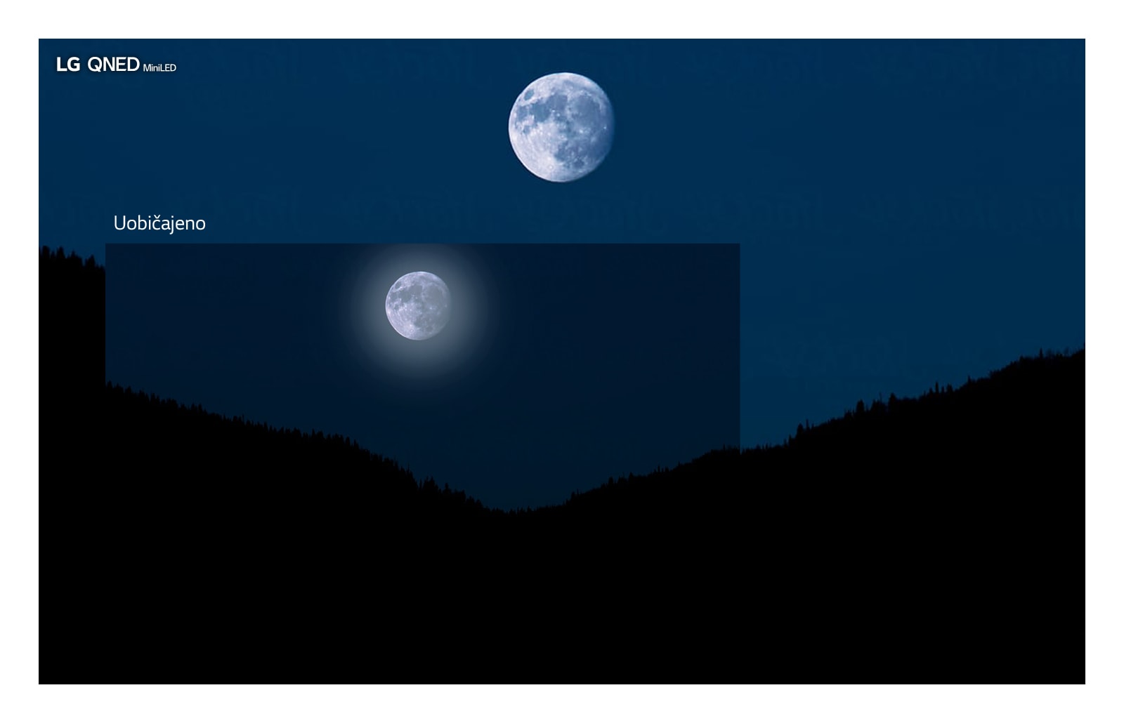 Mračan prizor mjeseca iznad planina. Odjeljak u donjem lijevom dijelu prikazuje sliku na uobičajenom televizoru s halo efektom i manje jasnim bojama, a veća slika koja okružuje prvu prikazuje prizor na televizoru LG QNED Mini LED.