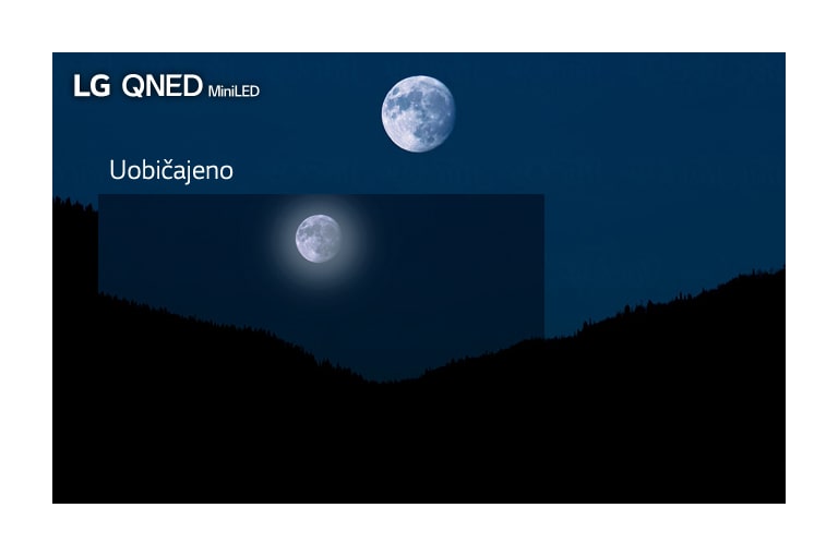 Mračan prizor mjeseca iznad planina. Odjeljak u donjem lijevom dijelu prikazuje sliku na uobičajenom televizoru s halo efektom i manje jasnim bojama, a veća slika koja okružuje prvu prikazuje prizor na televizoru LG QNED Mini LED.