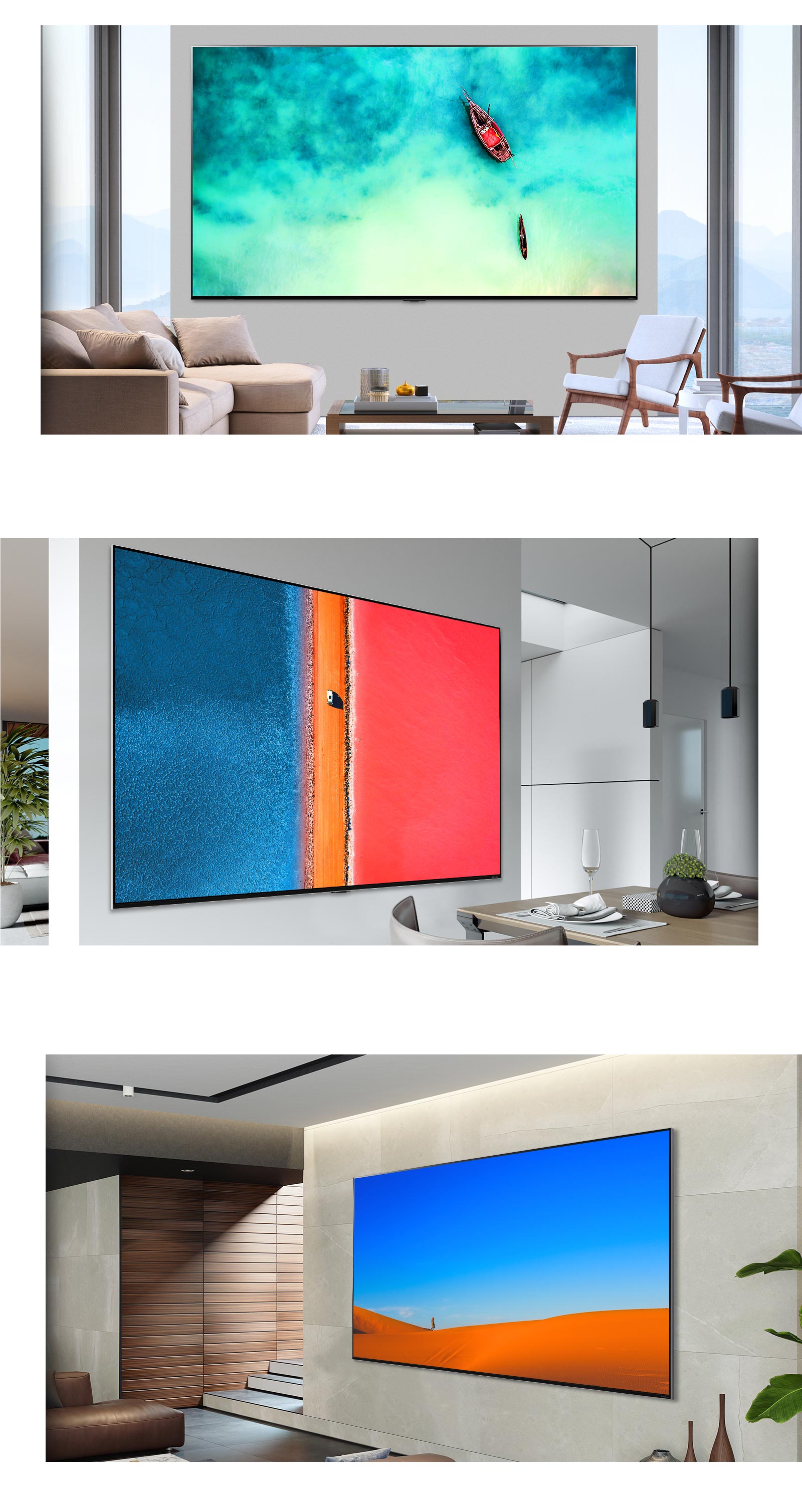 Tri slike televizora velikog zaslona LG QNED Mini LED montiranog na zid u različitim modernim interijerima.