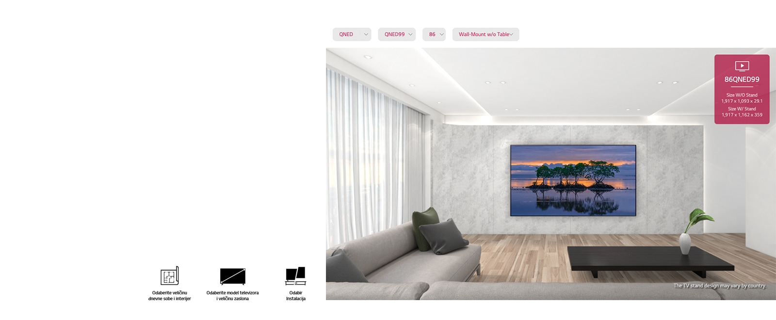 Veliki televizor s ravnim zaslonom montiran na sivi zid okružen modernim sivim i crnim namještajem. Na zaslonu se prikazuje scena s tri drveta koja se odražavaju u vodi uz zalazak sunca.