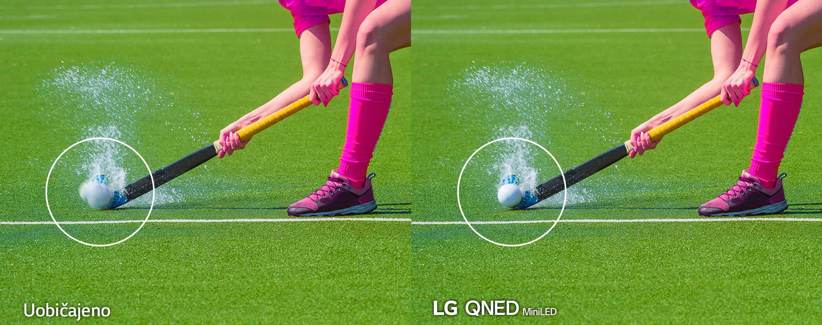 Dvije identične slike hokejaša koji udara loptu na preplavljenom terenu. Lijeva slika prikazuje kako bi to izgledalo na uobičajenom LCD televizoru, a desna na televizoru LG QNED Mini LED.
