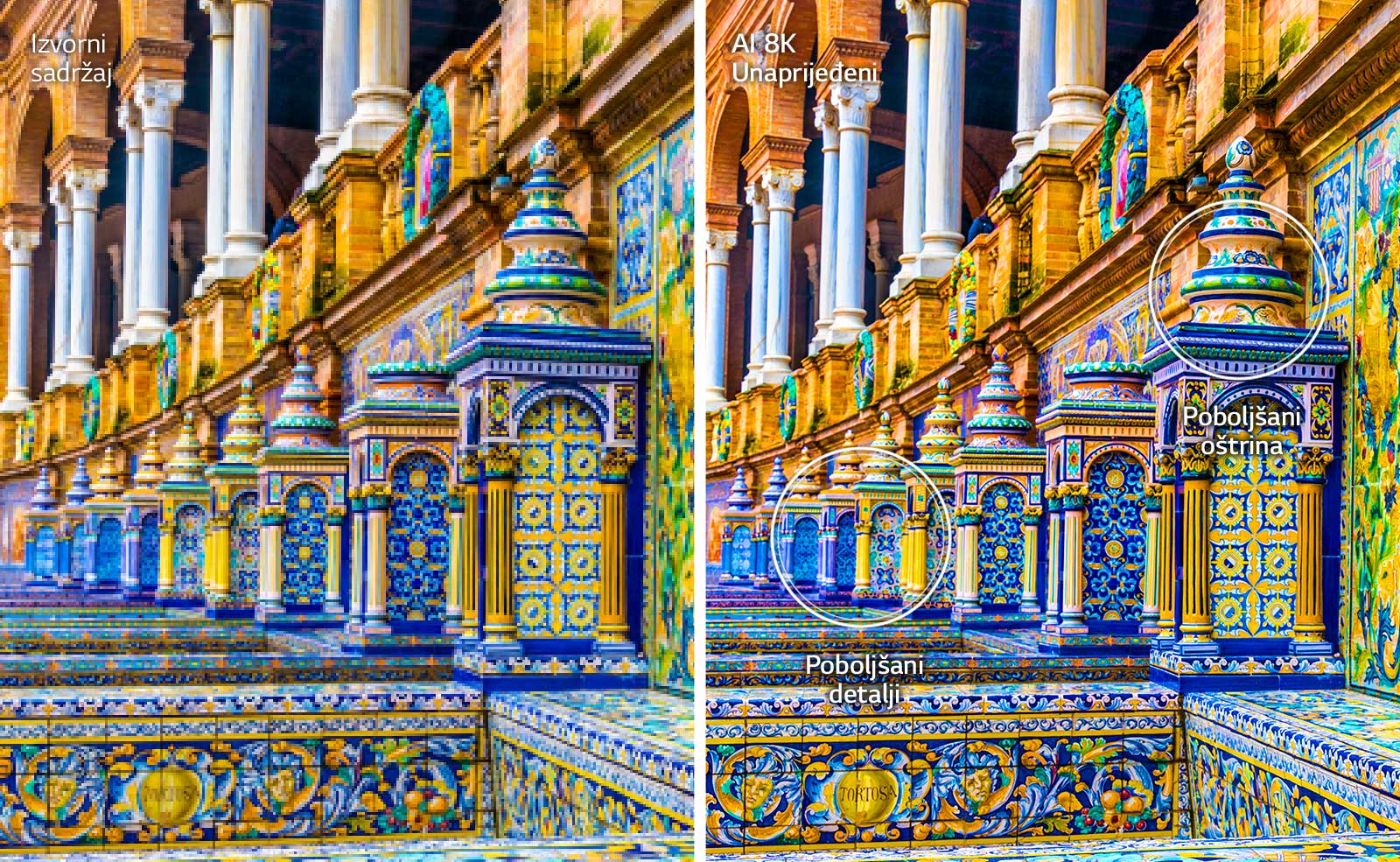 Slike zgrada jarkih boja u obliku mozaika jedna uz drugu. Lijevo se prikazuje izvorna slika, a desno slika s unaprijeđenim detaljima i poboljšanom oštrinom nakon unapređivanja u razlučivost od 8K s umjetnom inteligencijom.