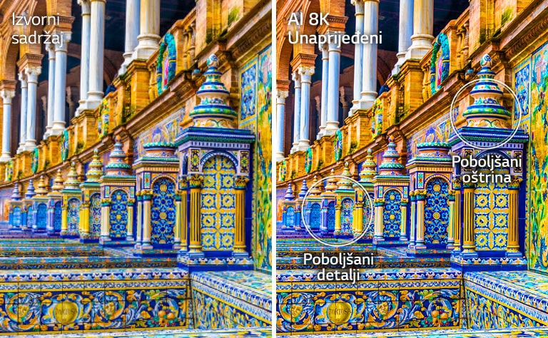 Slike zgrada jarkih boja u obliku mozaika jedna uz drugu. Lijevo se prikazuje izvorna slika, a desno slika s unaprijeđenim detaljima i poboljšanom oštrinom nakon unapređivanja u razlučivost od 8K s umjetnom inteligencijom.