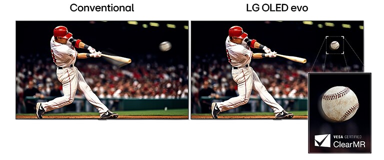 Usporedni prikaz kadrova baseball utakmice. Na jednoj strani označenoj kao konvencionalna, postoji puno mutnih pokreta oko bejzbol palice igrača i bejzbol lopte. S druge strane s oznakom LG OLED evo, akcija je savršeno snimljena bez mutnih pokreta. 