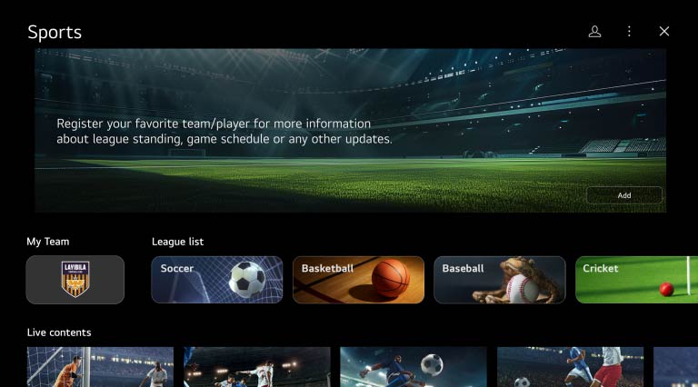 Prikazuje se stranica sportskog portala Sports Portal potpomognuta umjetnom inteligencijom koja pokazuje kako korisnik može registrirati svoje momčadi (ekipe) te kako je sadržaj praktično organiziran za ljubitelja sporta.