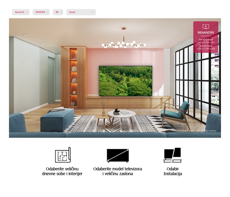 Veliki televizor s ravnim zaslonom postavljen uz ružičasti zid okružen prirodnim namještajem. Na zaslonu se prikazuje bujna šuma.