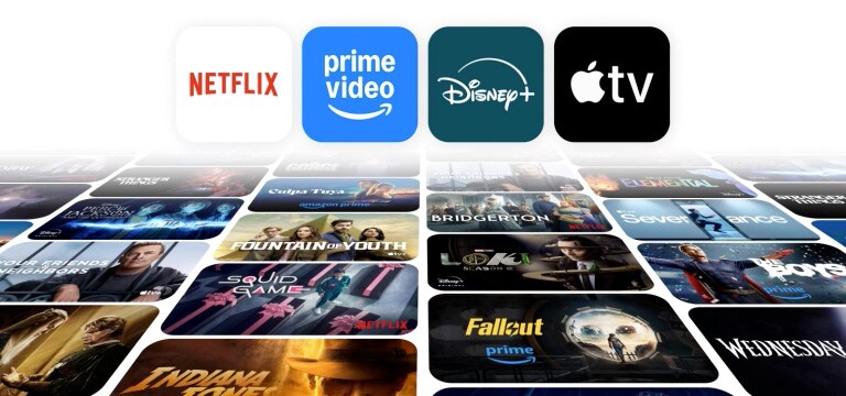 Animirani slijed koji prikazuje logotipe platformi Netflix, Prime Video, Disney+ i Apple TV+ kako lebde iznad dinamičnog kolaža popularnih televizijskih emisija, ističući pristup pametnog televizora LG Smart TV globalnim platformama za internetski prijenos (streaming) i impresivan užitak gledanja.	