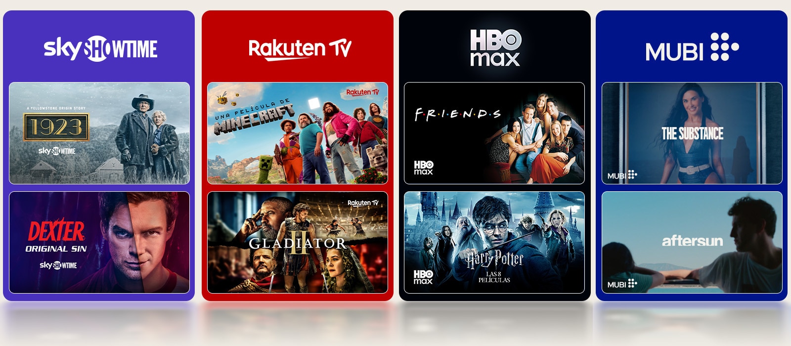 Četiri obojena okvira s logotipovima popularnih usluga internetskog prijenosa (streaming), s po dvije sličice televizijskih emisija u svakom, koje ilustriraju raznolik izbor sadržaja internetskog prijenosa (streaming), uključujući emisije, filmove i dokumentarce.