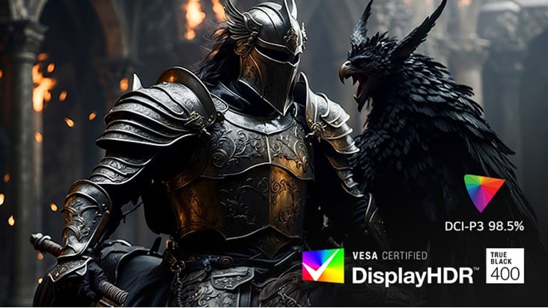 Vitez u crnom oklopu s pticom u srednjovjekovnoj dvorani, s naglaskom na DCI-P3 98.5% i DisplayHDR 400.