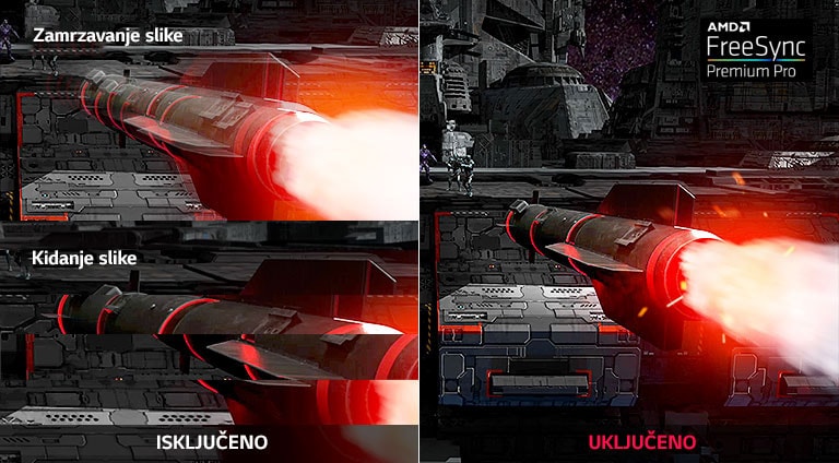 Pokreti u videoigrama na monitoru kompatibilnom s tehnologijom AMD FreeSync™ Premium Pro u odnosu na monitor bez te tehnologije