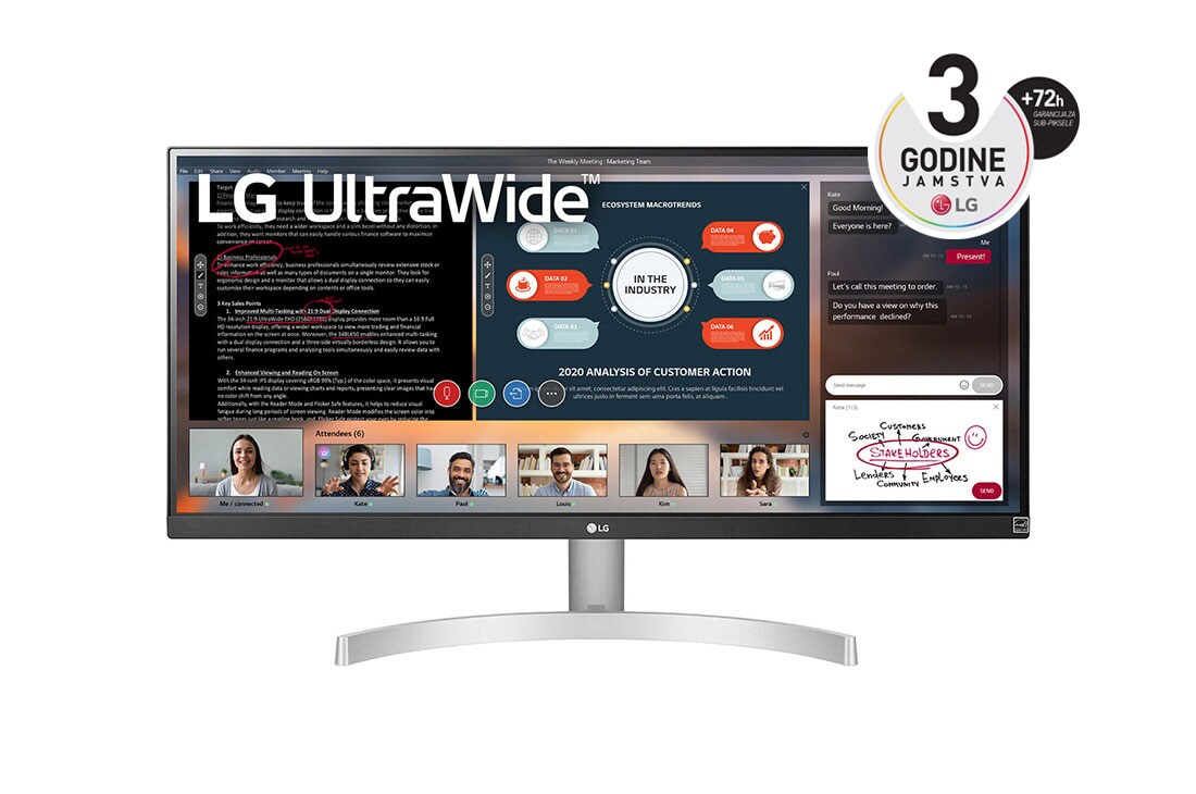 LG Monitor HDR IPS UltraWide™ Full HD (2560 x 1080) od 29'', prikaz prednje strane, 29WN600-W