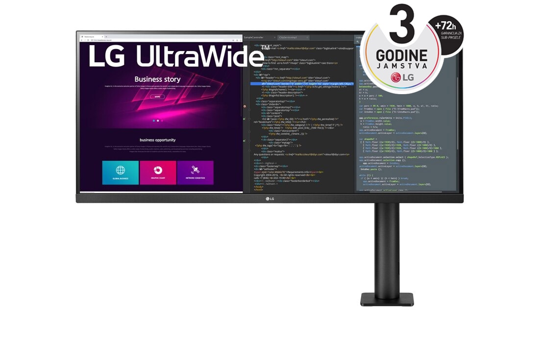 LG 34'' 21:9 UltraWide™ QHD Ergo IPS monitor s HDR10 i AMD FreeSync™, prednji prikaz s krakom monitora s desne strane, 34WN780-B