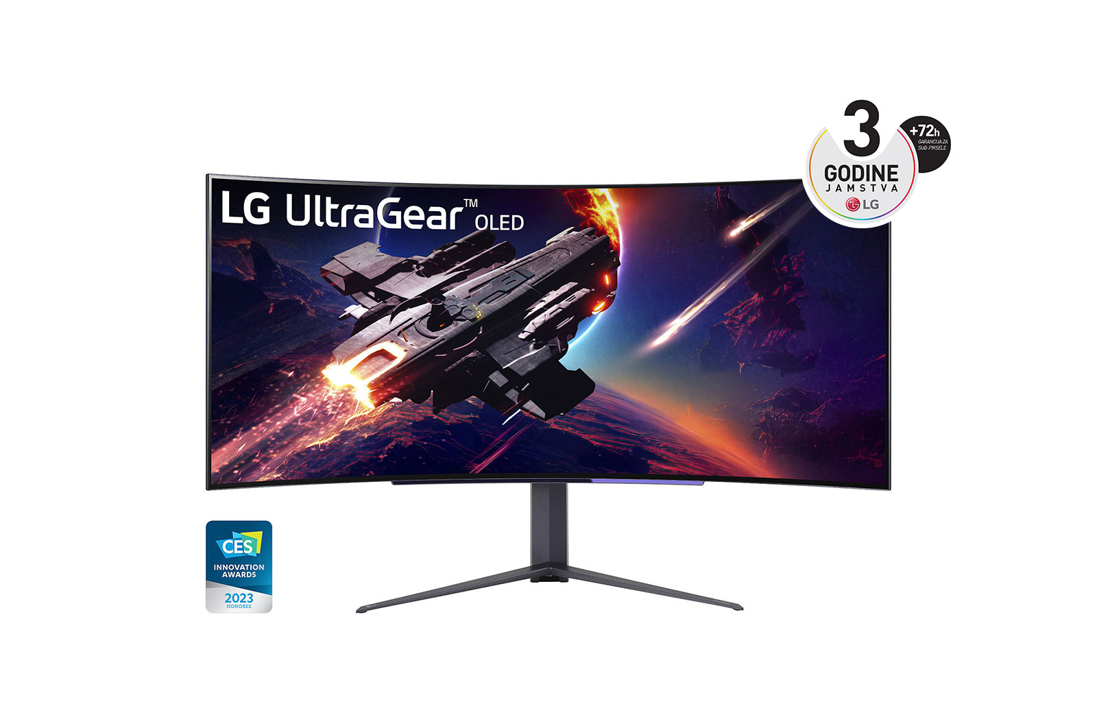 LG 45'' UltraGear™ OLED Curved Gaming Monitor WQHD s 240Hz Brzina kadrova i 0.03ms (GtG) vrijeme odziva, prikaz prednje strane, 45GR95QE-B