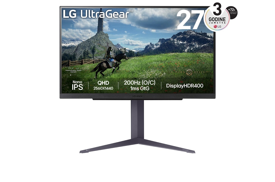 LG 27” UltraGear™ QHD Nano IPS 180Hz (O/C 200Hz) gaming monitor | 1ms (GtG), DisplayHDR™ 400, prikaz prednje strane, 27GS85Q-B