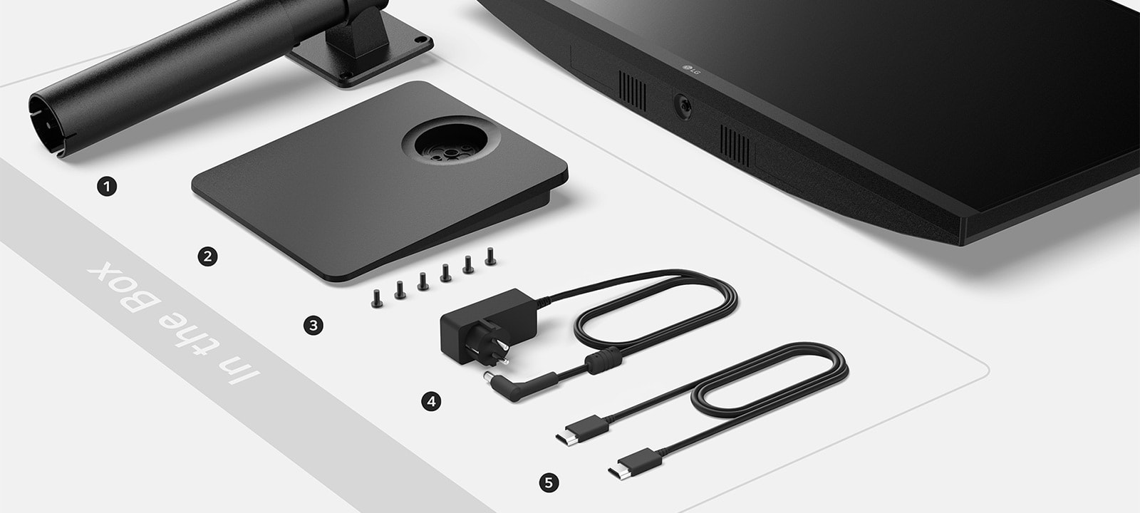 U kutiji se nalaze tijelo i baza stalka, adapter + strujni i HDMI kabel.