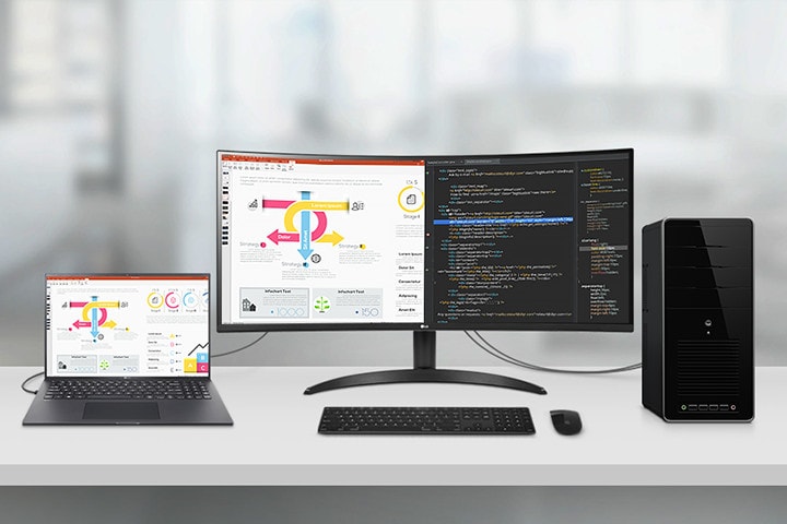Ovaj monitor omogućuje vam prikaz višestrukog sadržaja s dva računala pomoću funkcije slika uz sliku i tako pomaže učinkovitom odvijanju rada.	