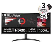 LG 34” UltraWide™ omjera 21:9 zakrivljeni VA monitor s brzinom osvježavanja od 100 Hz, prikaz prednje strane, 34WR50QK-B, thumbnail 1