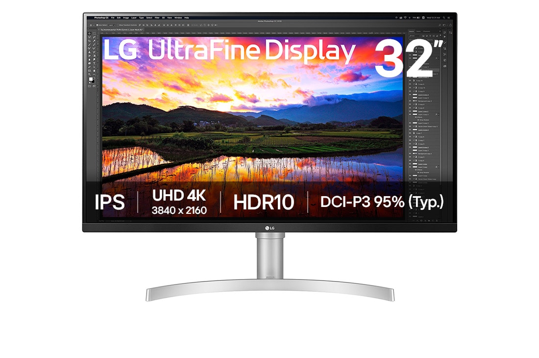 LG 32” UltraFine™ omjer slike 16:9 4K IPS monitor s brzinom osvježavanja od 60 Hz, Prikaz prednje strane, 32UN650K-W
