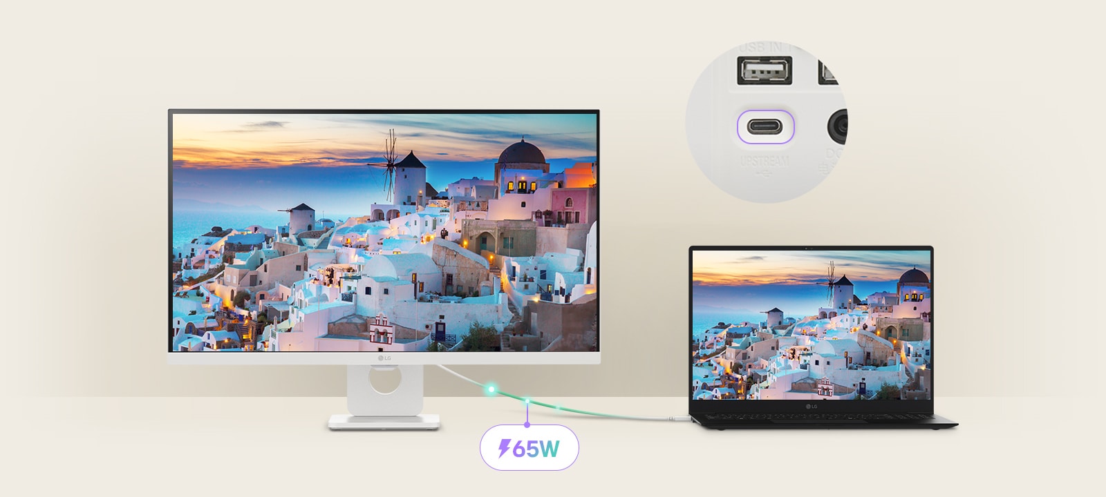 Prijenosno računalo povezano je s pametnim monitorom LG Smart Monitor pomoću USB-C priključka. Puni se putem USB-C priključka prikazujući isto na zaslonu.	