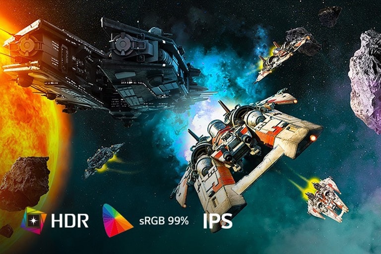 Scena borbe u svemiru videoigre prikazuje žive boje s tehnologijom HDR, sRGB 99% i IPS zaslonom na monitoru LG UltraGear.	