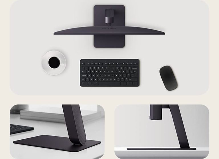 Prikaz odozgo na monitor LG UltraGear s tipkovnicom, mišem i šalicom za kavu na urednom stolu.	