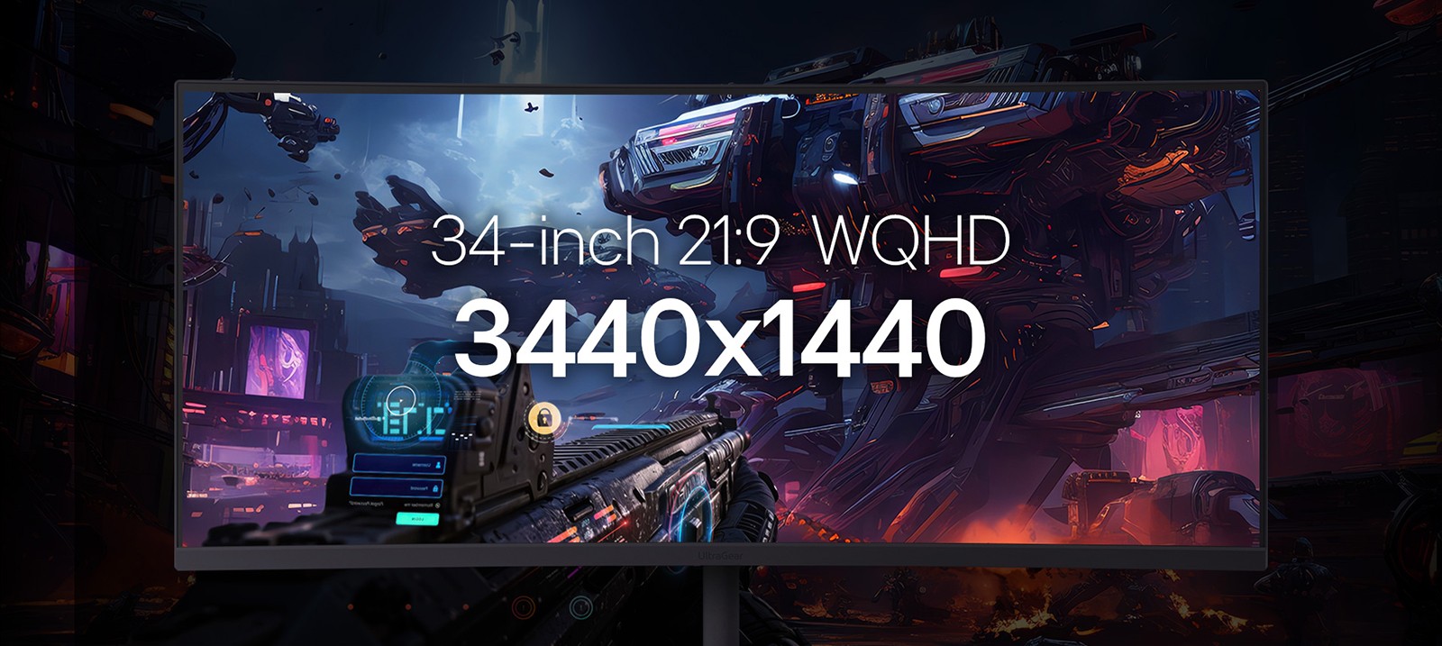 Na zaslonu monitora 21:9 WQHD od 34 inča prikazuje se scene bitke s divovskim robotima u gradu u dalekoj budućnosti.	