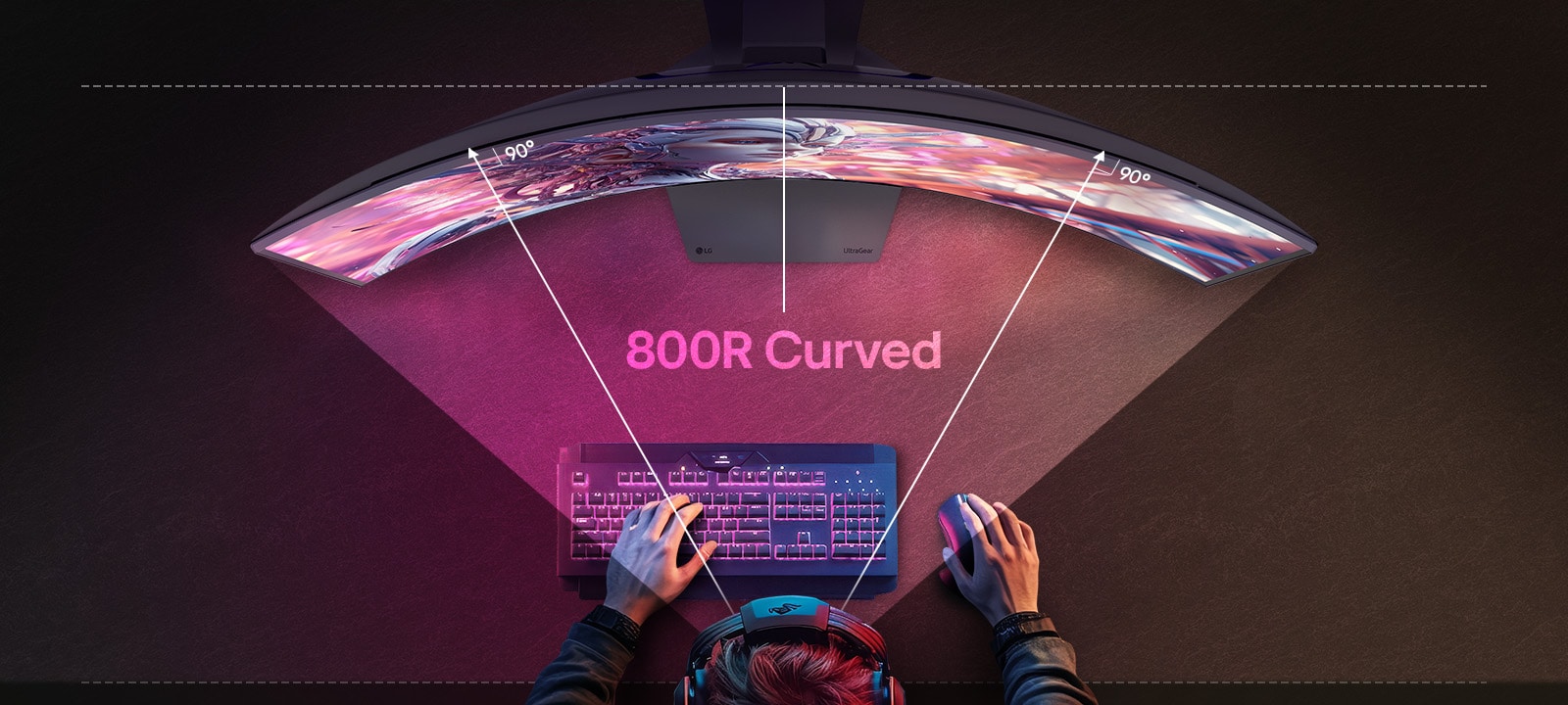 Animirani videozapis koji prelazi s prednjeg prikaza na gornji prikaz zaobljenog monitora.