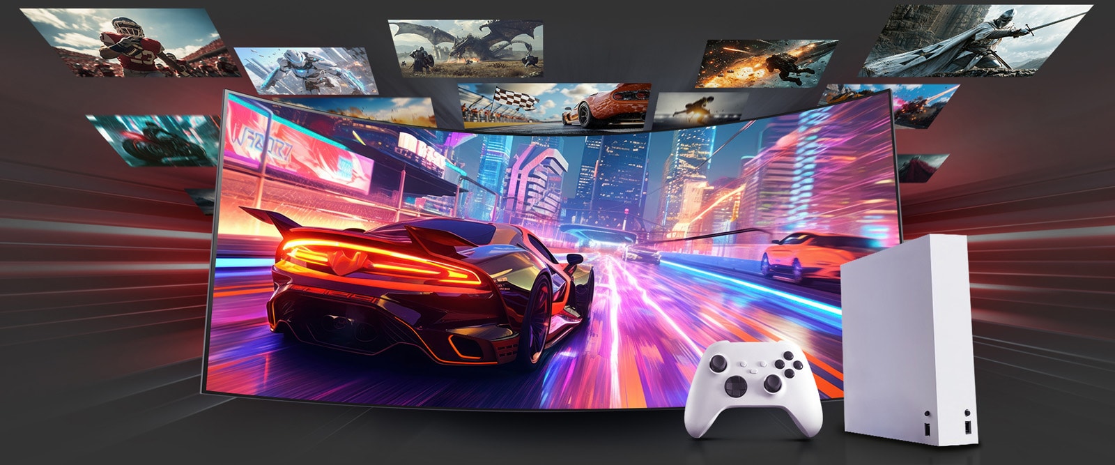 Zaobljeni monitor za videoigre prikazuje utrku ​​s automobilom u osvjetljenom gradu.Bijeli upravljač konzole nalazi se ispred