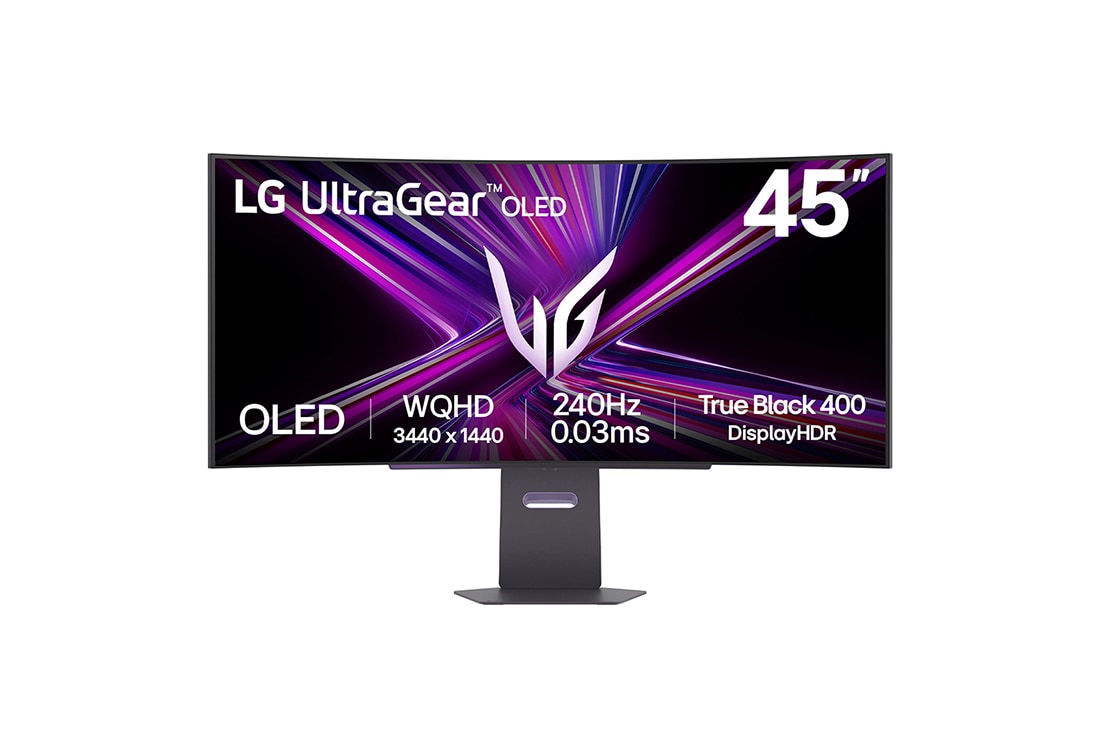 LG 45'' UltraGear™ OLED 21:9 WQHD zakrivljeni monitor za igranje s brzinom osvježavanja od 240 Hz, prikaz prednje strane, 45GX900A-B