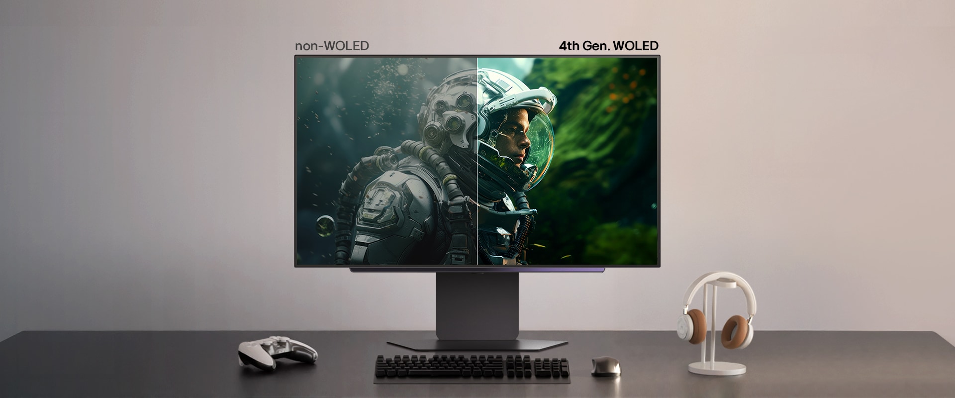 Usporedni prikaz kvalitete zaslona bez tehnologije WOLED i s četvrtom generacijom tehnologije WOLED, koja pokazuje poboljšano osvjetljenje, boju i jasnoću na desnoj strani korištenjem četvrte generacije tehnologije WOLED. Monitor se nalazi na stolu s kontrolerom za igre, tipkovnicom i slušalicama.