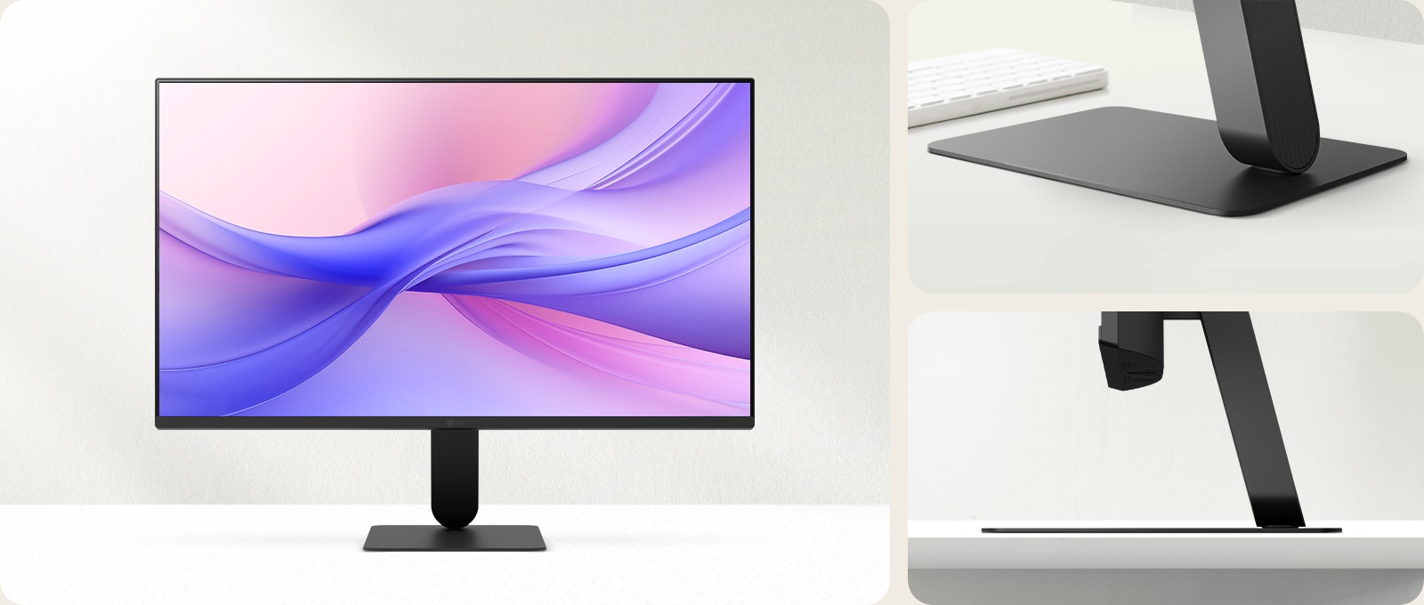 Prednji prikaz modernog monitora s tankim, minimalističkim postoljem.	