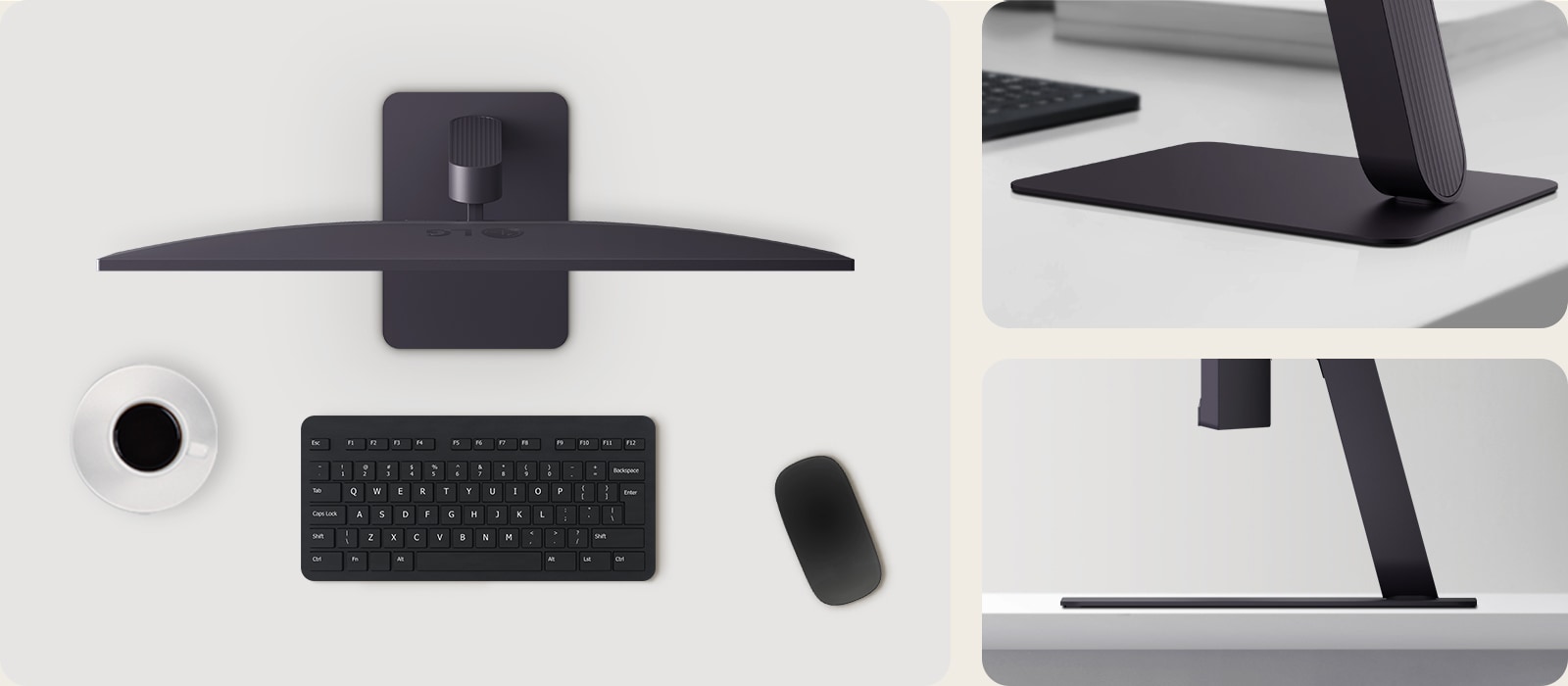 Prikaz odozgo na monitor LG UltraGear s tipkovnicom, mišem i šalicom za kavu na urednom stolu.