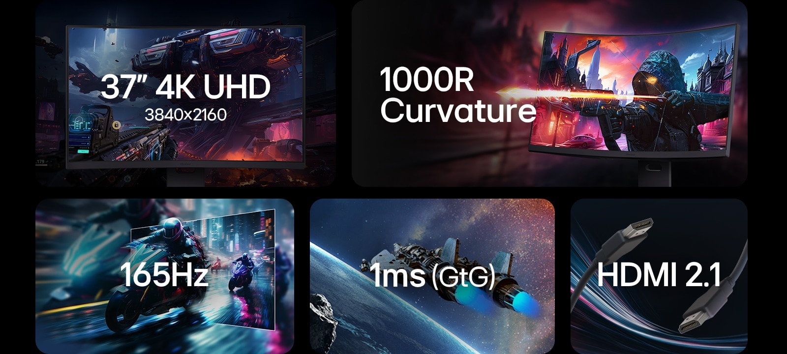 „37-inčni 4K UHD 3840 × 2160”, „165Hz” frekvencija „1ms (GtG)” ,HDMI 2.1” uz prikaz HDMI kabela.
