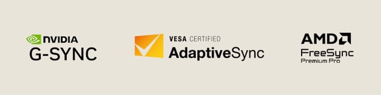 Logotipovi NVIDIA G-SYNC, VESA AdaptiveSync i AMD FreeSync Premium Pro.
