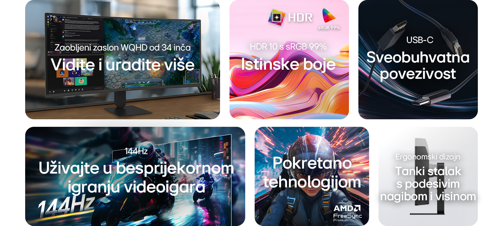 WQHD od 34 inča, HDR10 sa sRGB 99 %, USB-C povezivost, 144 Hz, AMD FreeSync, stalak s prilagodbom nagiba i visine.