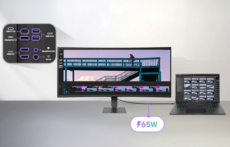 LG UltraWide Curved s višenamjenskom USB-C povezivošću omogućuje prijenos videozapisa i podataka te napajanje do 65 W.