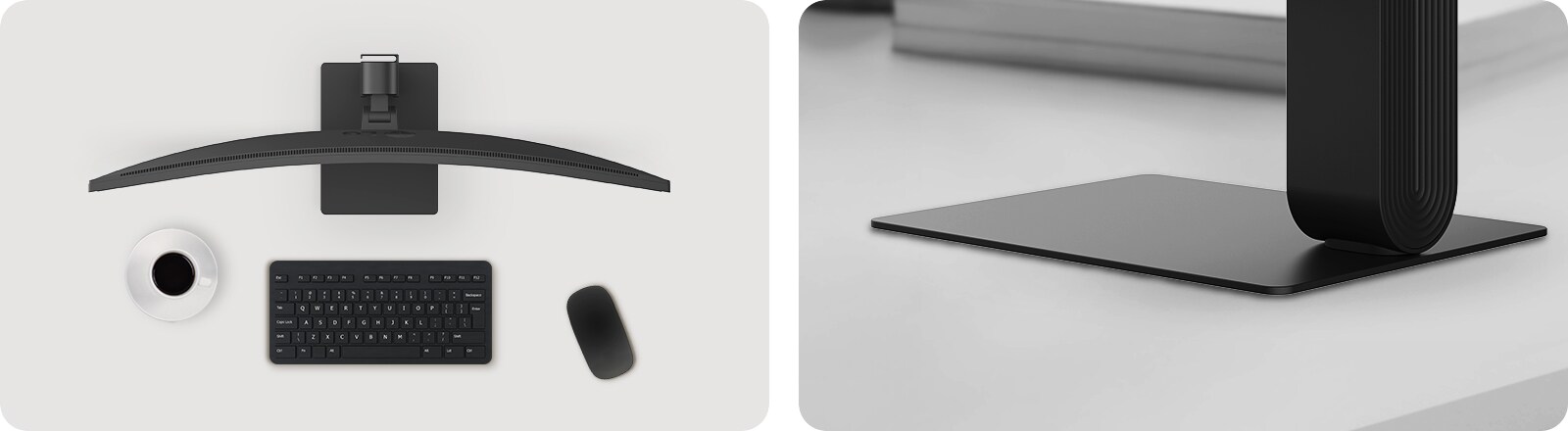 Prikaz zaobljenog širokog monitora LG UltraWide Curved Monitor na stolu sa šalicom za kavu, bežičnom tipkovnicom i mišem.