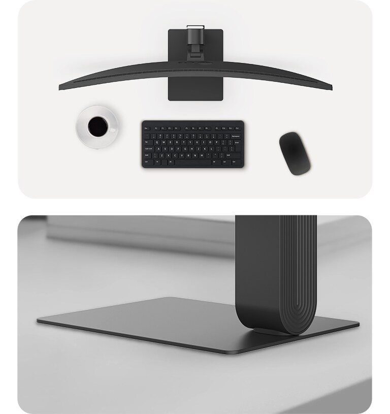 Prikaz zaobljenog širokog monitora LG UltraWide Curved Monitor na stolu sa šalicom za kavu, bežičnom tipkovnicom i mišem.