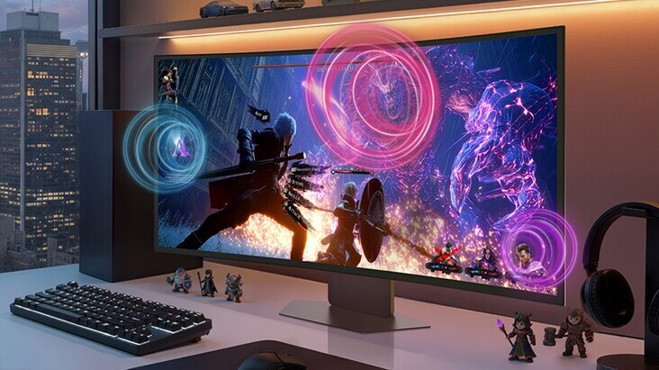 Gaming monitor UltraGear (39GX950B) pruža jasan, sveobuhvatni zvuk igre uz ugrađene zvučnike i AI Sound.